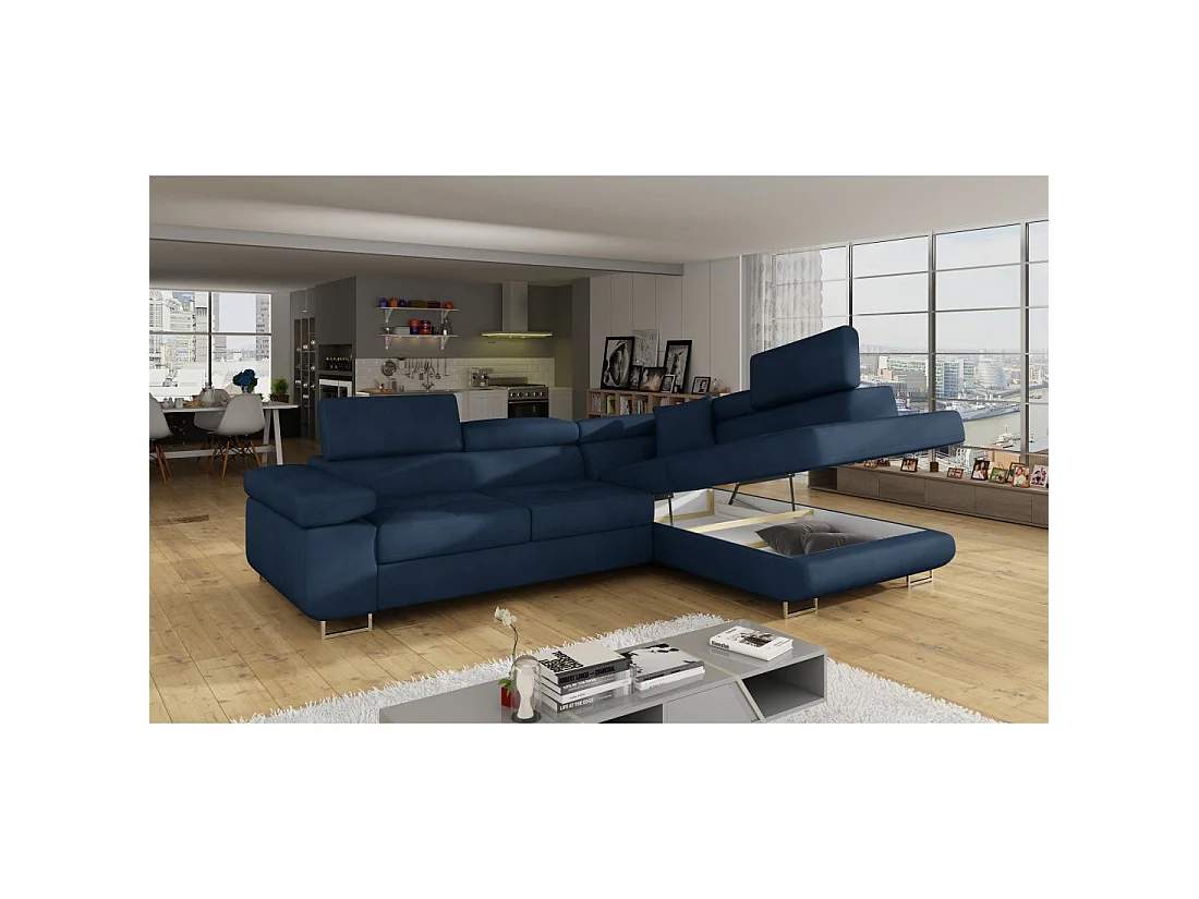 Canapé d'angle convertible MENTON bleu foncé bouclette – Angle droit avec coffre