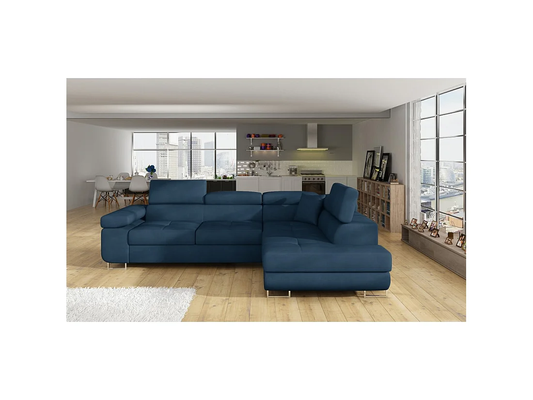 Canapé d'angle convertible MENTON bleu foncé bouclette – Angle droit avec coffre