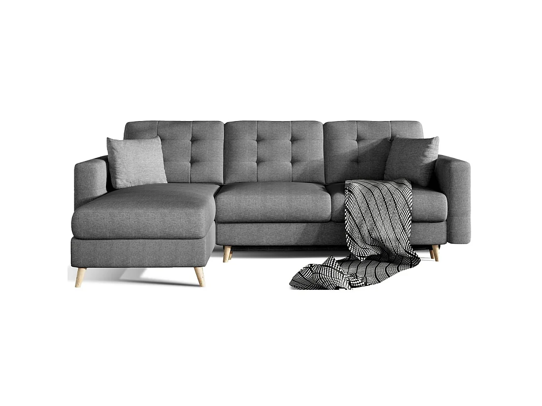 Canapé d'angle convertible HASGARD 3 places gris foncé 248x162 cm – coffre et pieds bois