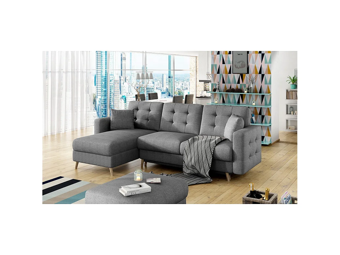 Canapé d'angle convertible HASGARD 3 places gris foncé 248x162 cm – coffre et pieds bois
