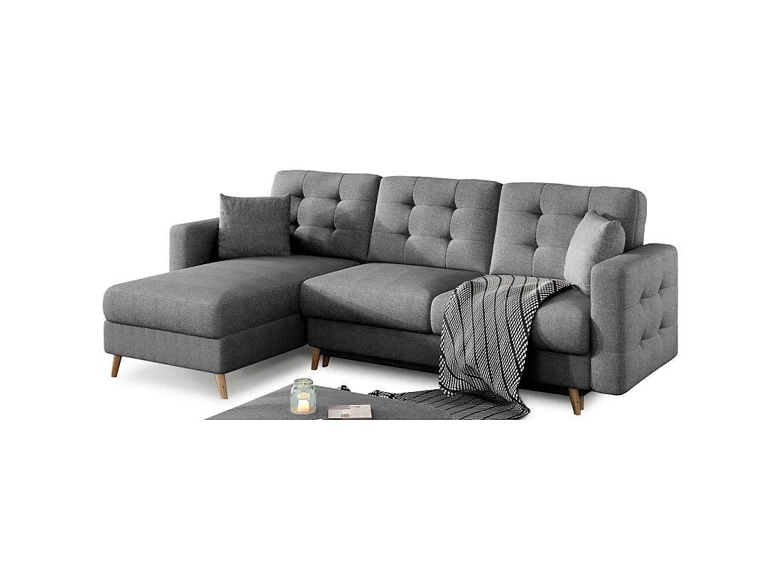 Canapé d'angle convertible HASGARD 3 places gris foncé 248x162 cm – coffre et pieds bois