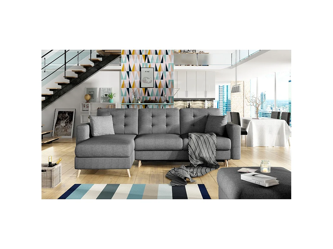 Canapé d'angle convertible HASGARD 3 places gris foncé 248x162 cm – coffre et pieds bois
