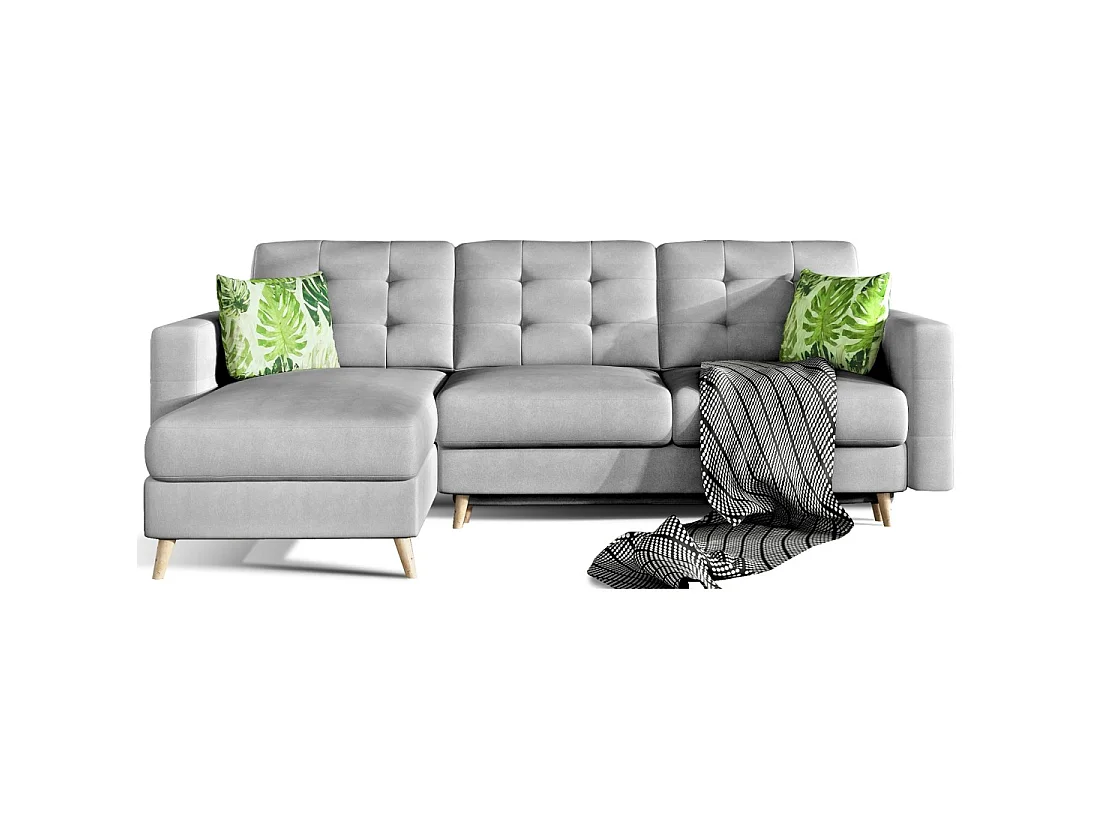 Canapé d'angle convertible HASGARD 3 places gris 248x162 cm – coffre et pieds bois