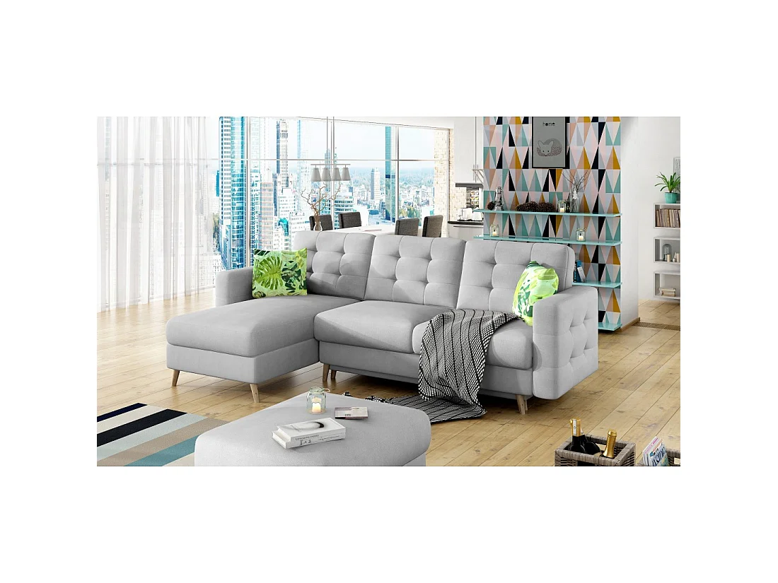 Canapé d'angle convertible HASGARD 3 places gris 248x162 cm – coffre et pieds bois