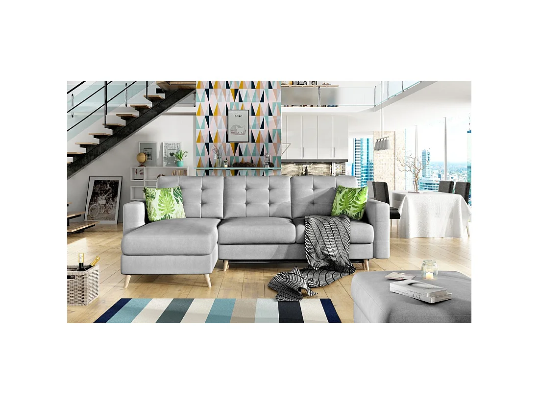 Canapé d'angle convertible HASGARD 3 places gris 248x162 cm – coffre et pieds bois