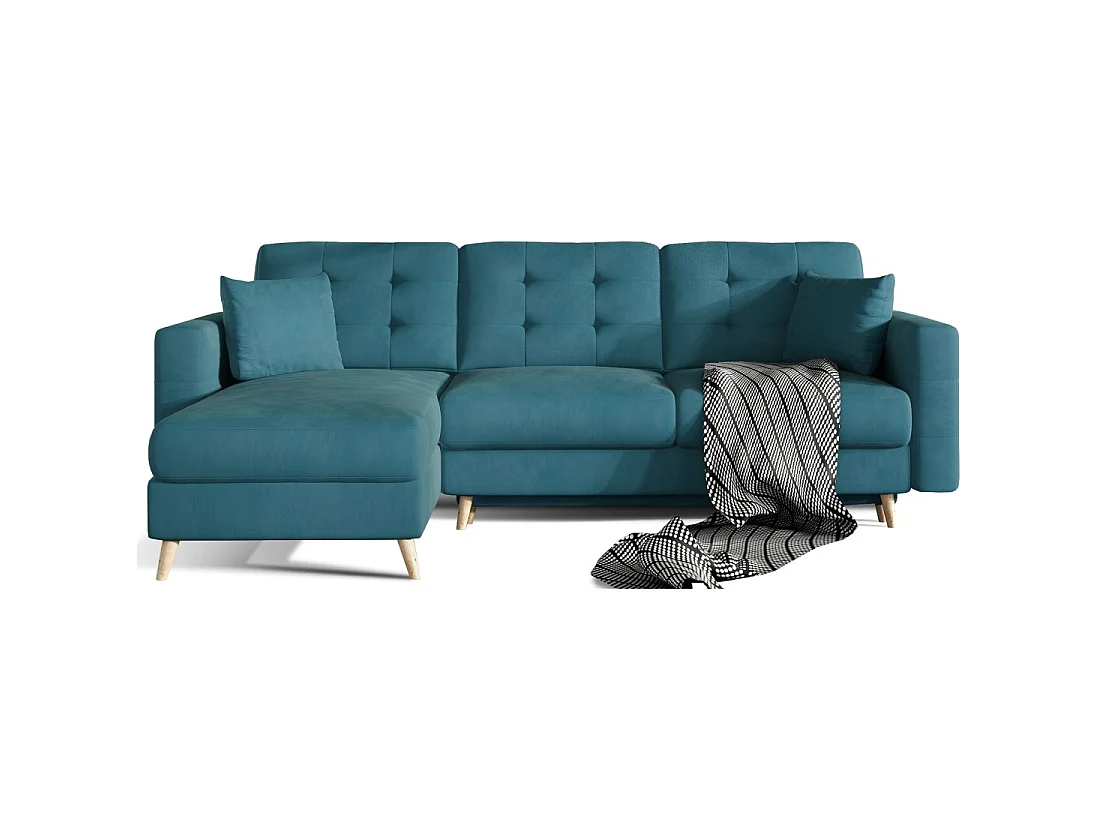 Canapé d'angle convertible HASGARD 3 places bleu 248x162 cm – coffre et pieds bois