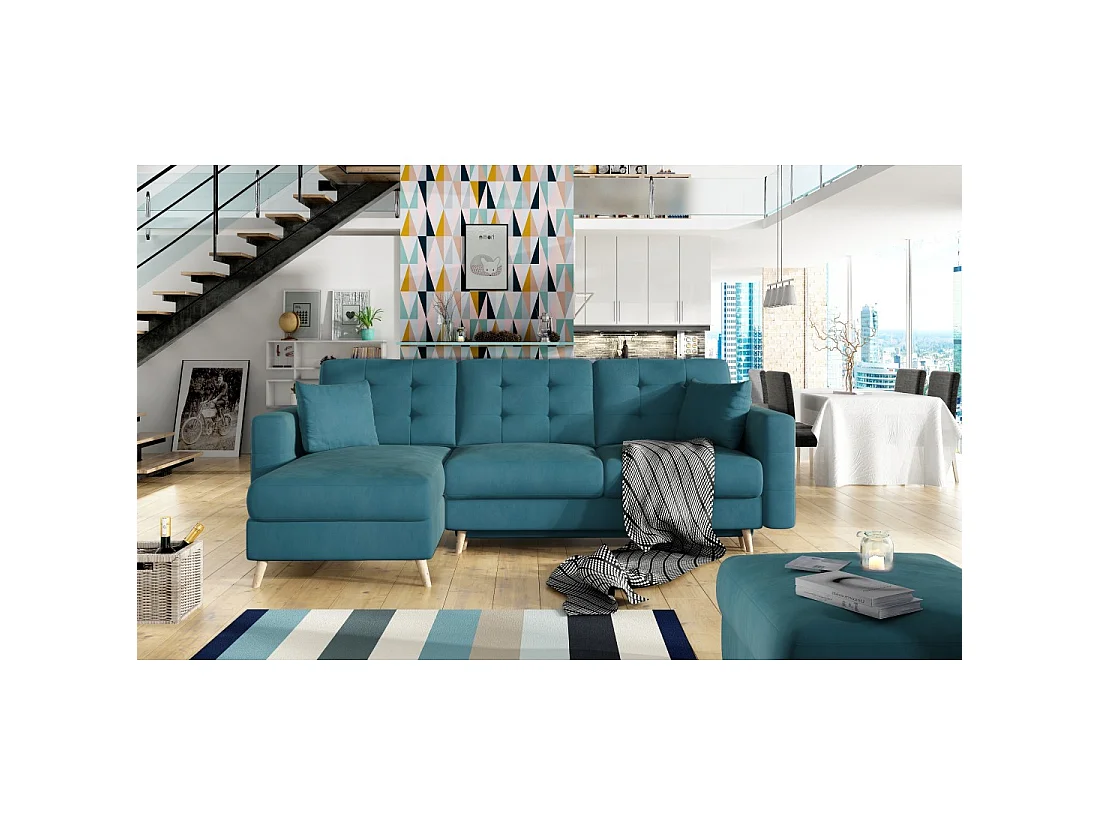 Canapé d'angle convertible HASGARD 3 places bleu 248x162 cm – coffre et pieds bois