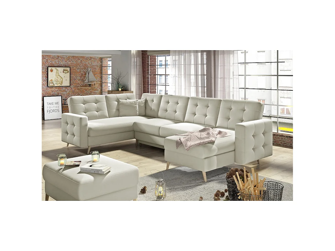 Sofá de esquina panorámico convertible HASGARD U 326 cm crema con almacenamiento