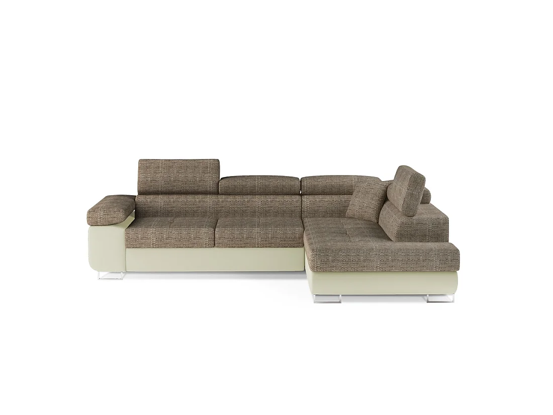 Canapé d'angle convertible MENTON beige bouclé – 4 places avec coffre et têtières