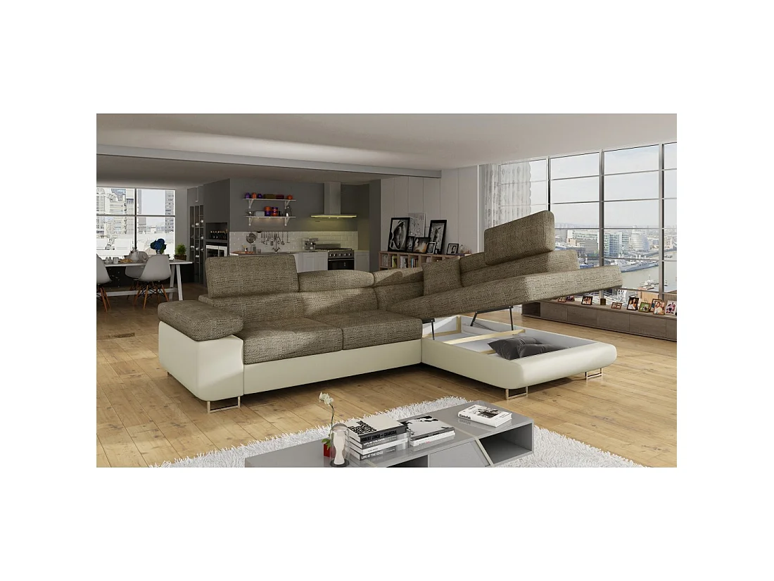Canapé d'angle convertible MENTON beige bouclé – 4 places avec coffre et têtières
