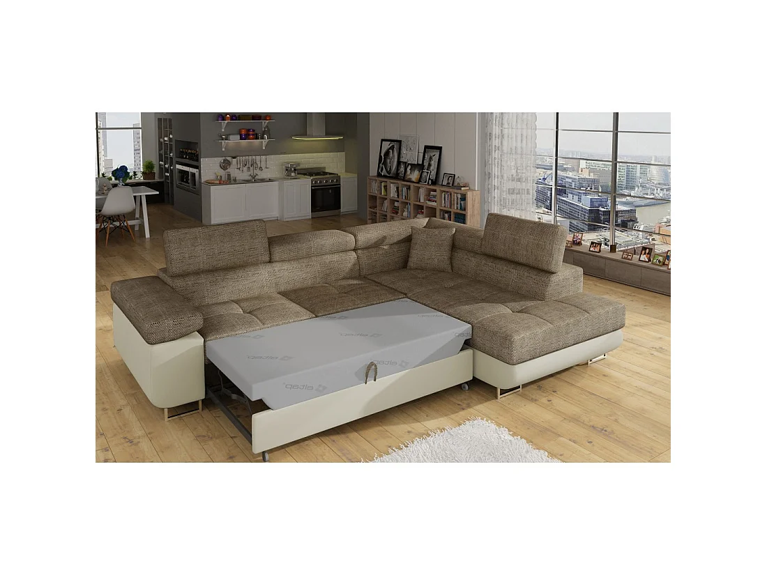 Canapé d'angle convertible MENTON beige bouclé – 4 places avec coffre et têtières