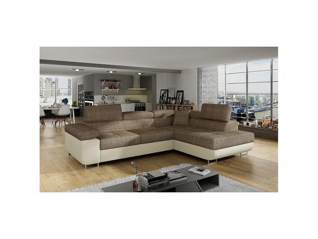 Canapé d'angle convertible MENTON beige bouclé – 4 places avec coffre et têtières