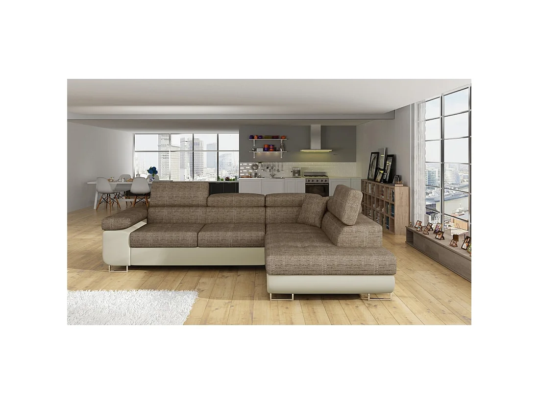 Canapé d'angle convertible MENTON beige bouclé – 4 places avec coffre et têtières