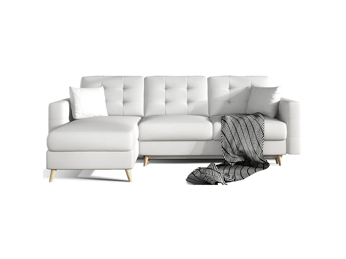 Canapé d'angle convertible HASGARD 3 places blanc 248x162 cm – coffre et pieds bois