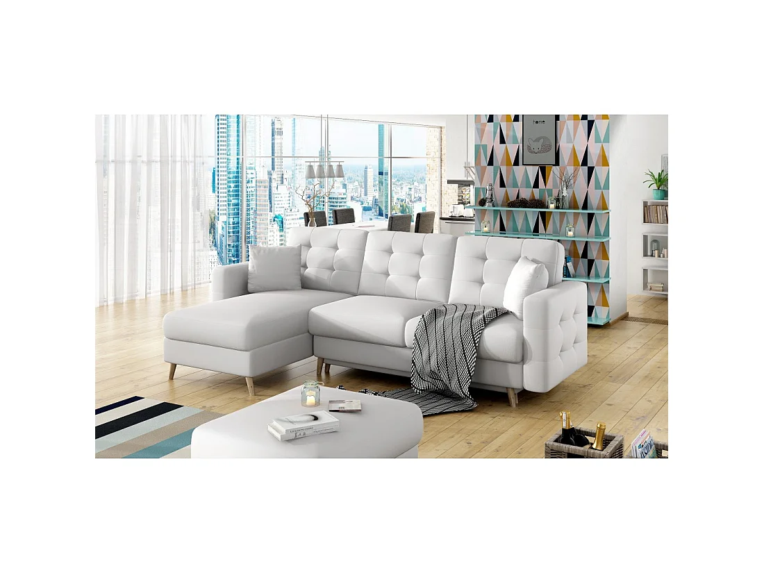 Canapé d'angle convertible HASGARD 3 places blanc 248x162 cm – coffre et pieds bois