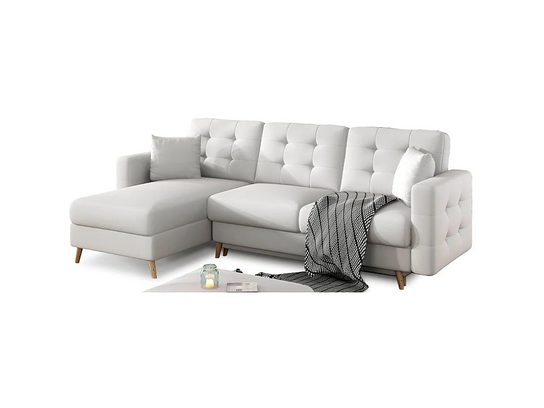 Canapé d'angle convertible HASGARD 3 places blanc 248x162 cm – coffre et pieds bois