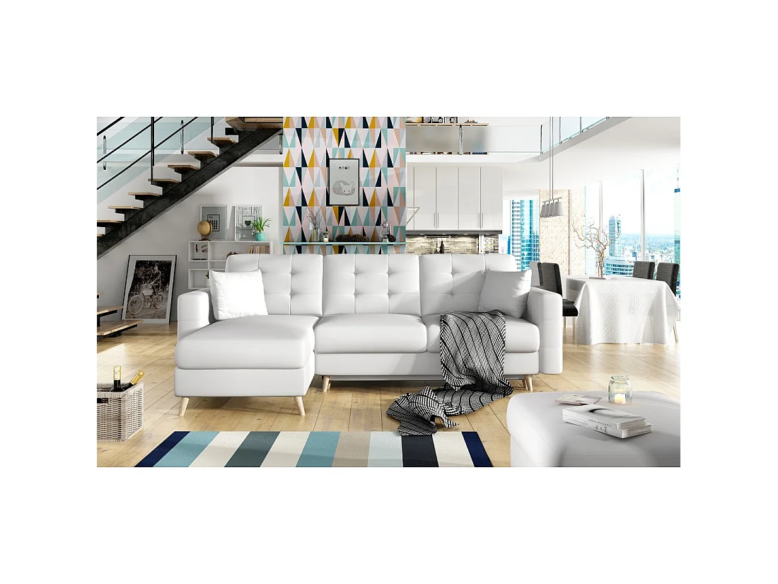 Canapé d'angle convertible HASGARD 3 places blanc 248x162 cm – coffre et pieds bois