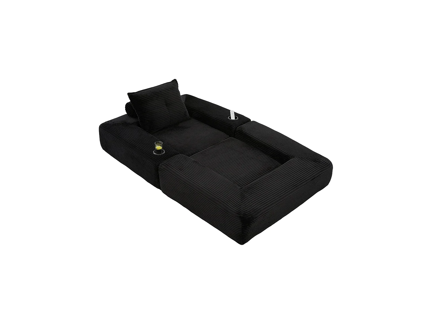 Canapé convertible en velours côtelé avec poche latérale et porte-gobelet - Noir