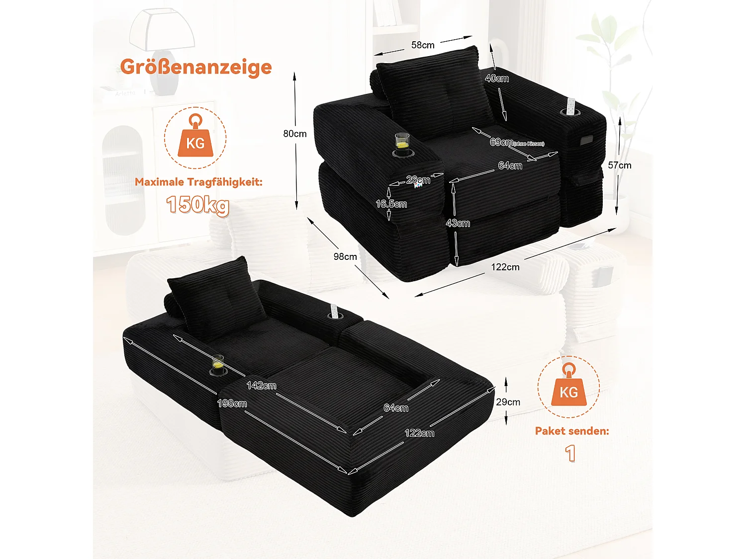 Canapé convertible en velours côtelé avec poche latérale et porte-gobelet - Noir