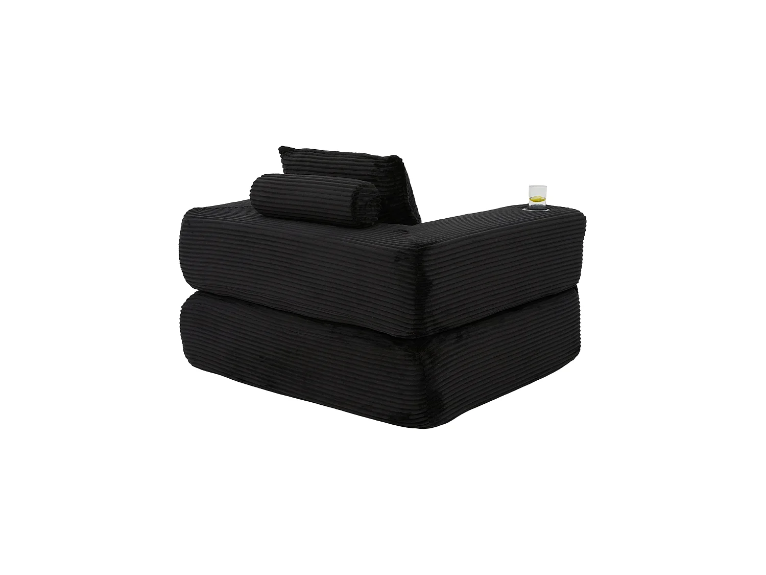 Canapé convertible en velours côtelé avec poche latérale et porte-gobelet - Noir