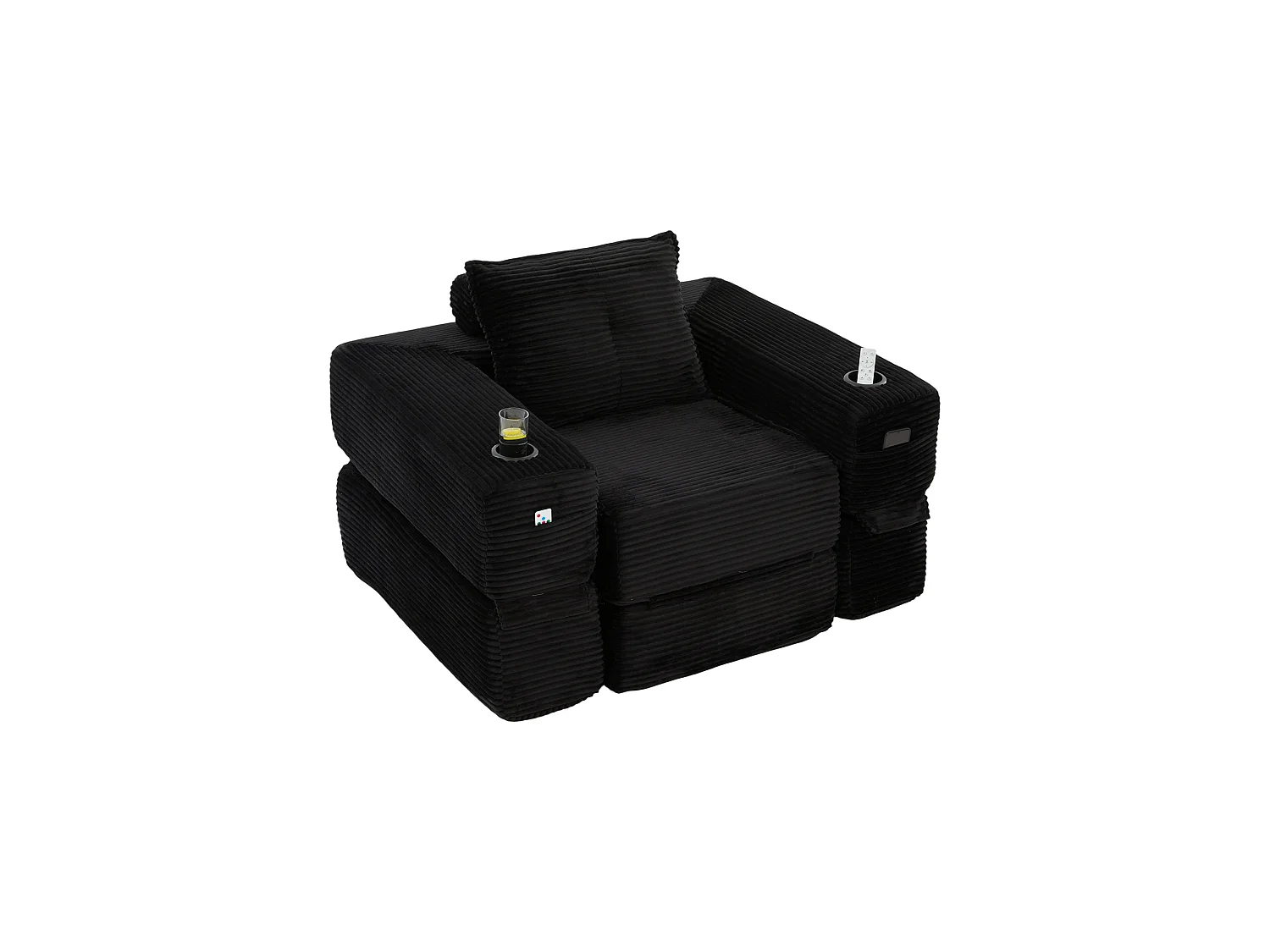 Canapé convertible en velours côtelé avec poche latérale et porte-gobelet - Noir