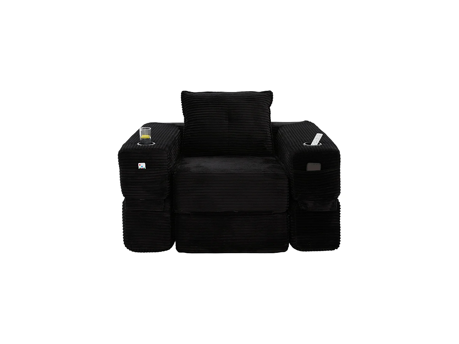 Canapé convertible en velours côtelé avec poche latérale et porte-gobelet - Noir
