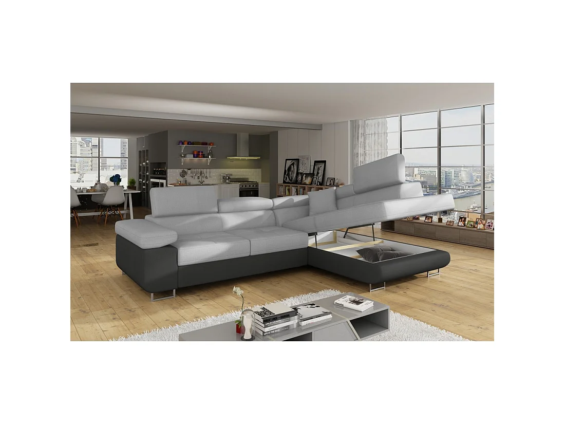 Canapé d'angle convertible MENTON gris clair et gris foncé – Angle droit avec coffre
