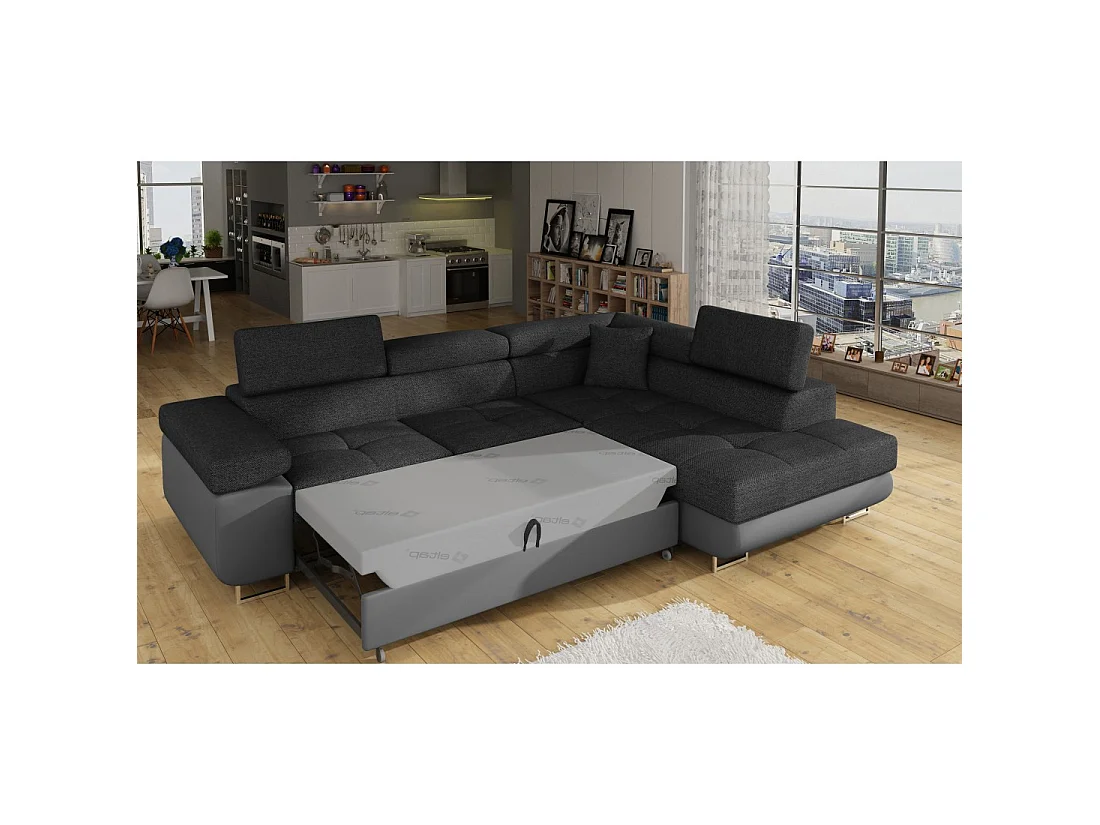 Canapé d'angle convertible MENTON gris foncé et gris – Angle droit avec coffre