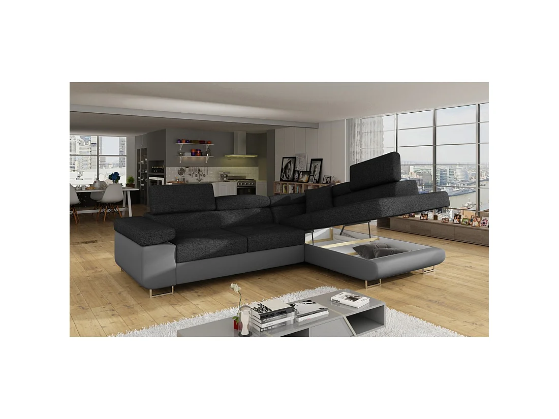 Canapé d'angle convertible MENTON gris foncé et gris – Angle droit avec coffre