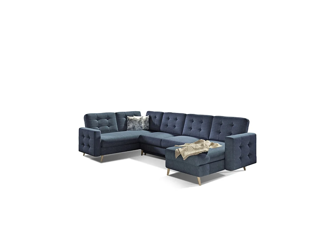Canapé d'angle panoramique convertible HASGARD U 326 cm bleu pétrole avec coffre