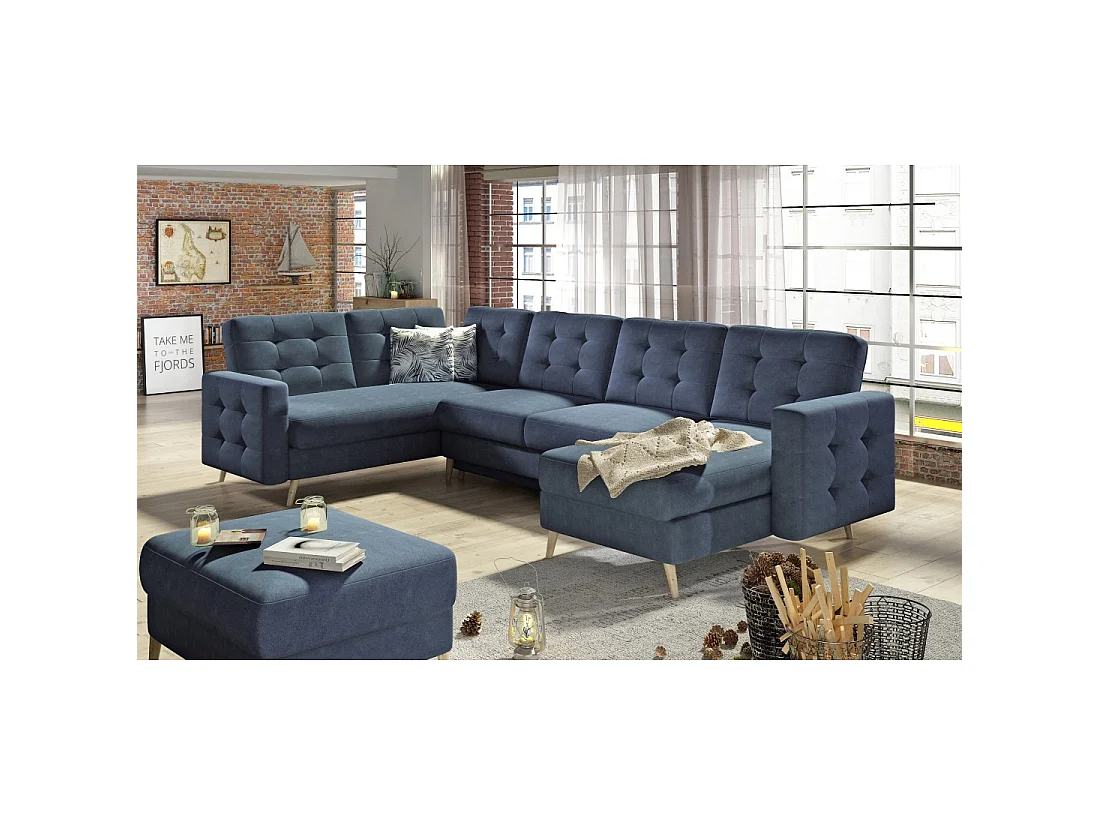 Canapé d'angle panoramique convertible HASGARD U 326 cm bleu pétrole avec coffre