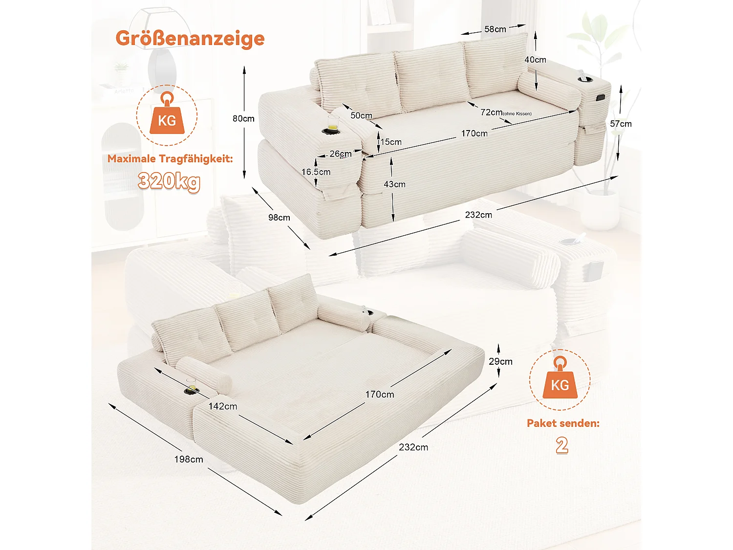 Canapé 3 places convertible avec porte-gobelets - Canapé-lit en velours côtelé - Beige