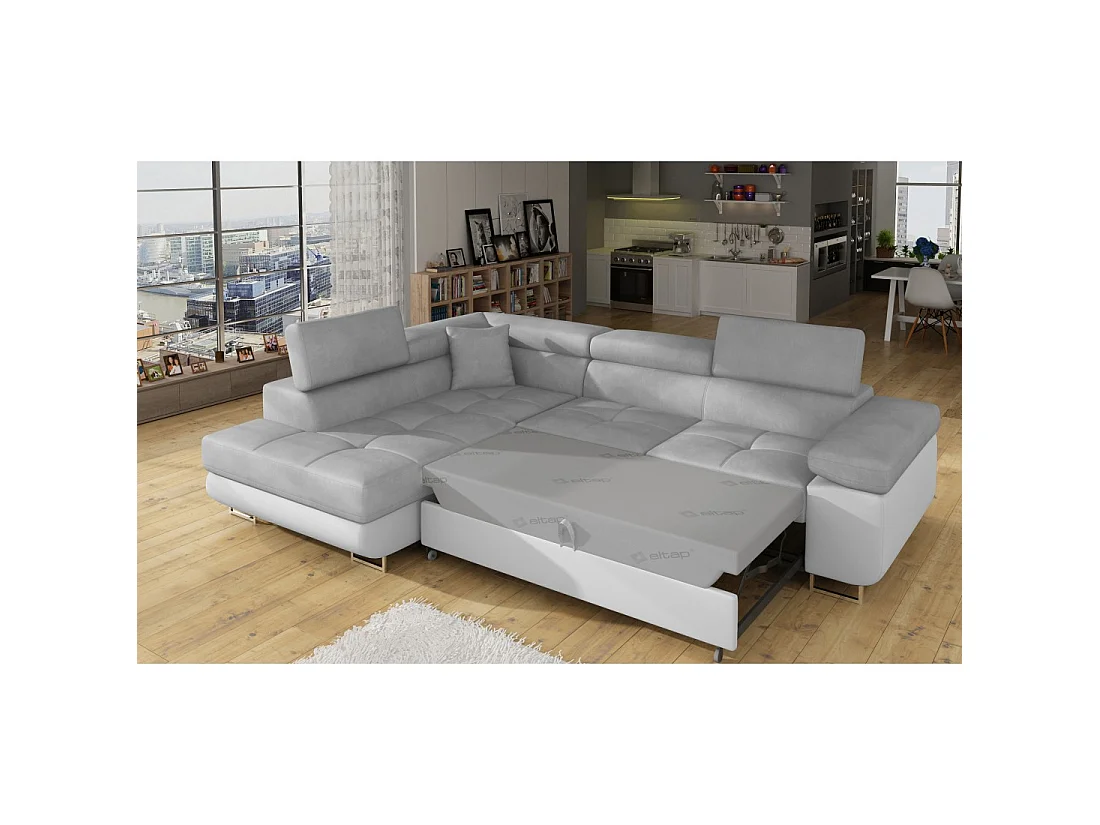Canapé d'angle convertible MENTON vert canard velours – Angle gauche avec coffre