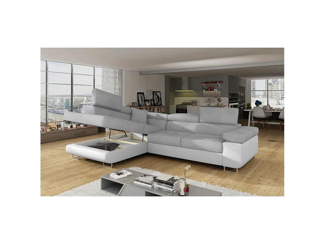 Canapé d'angle convertible MENTON vert canard velours – Angle gauche avec coffre