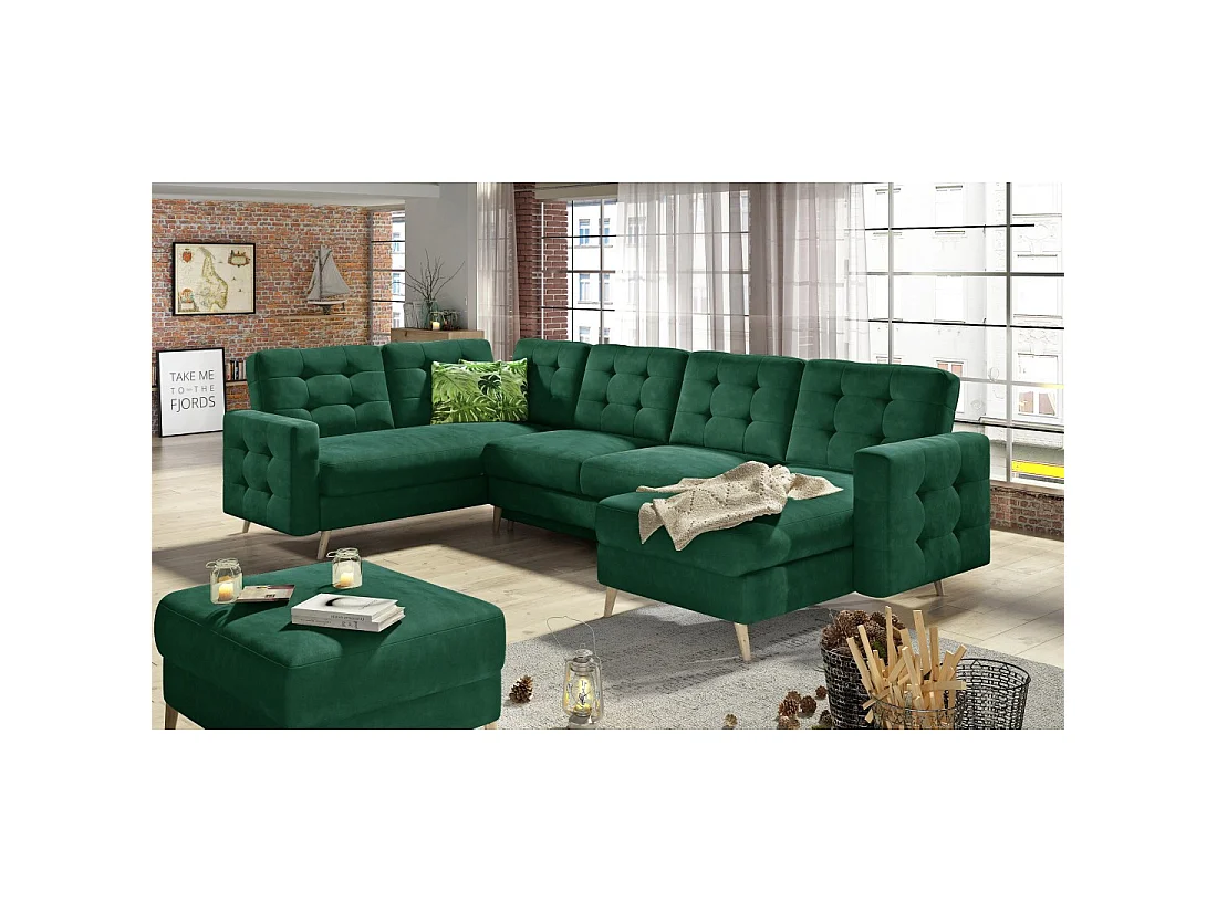 Sofá esquinero panorámico convertible HASGARD U 326 cm verde esmeralda con baúl