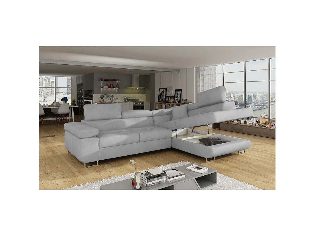 Canapé d'angle convertible MENTON gris velours – Angle droit avec coffre