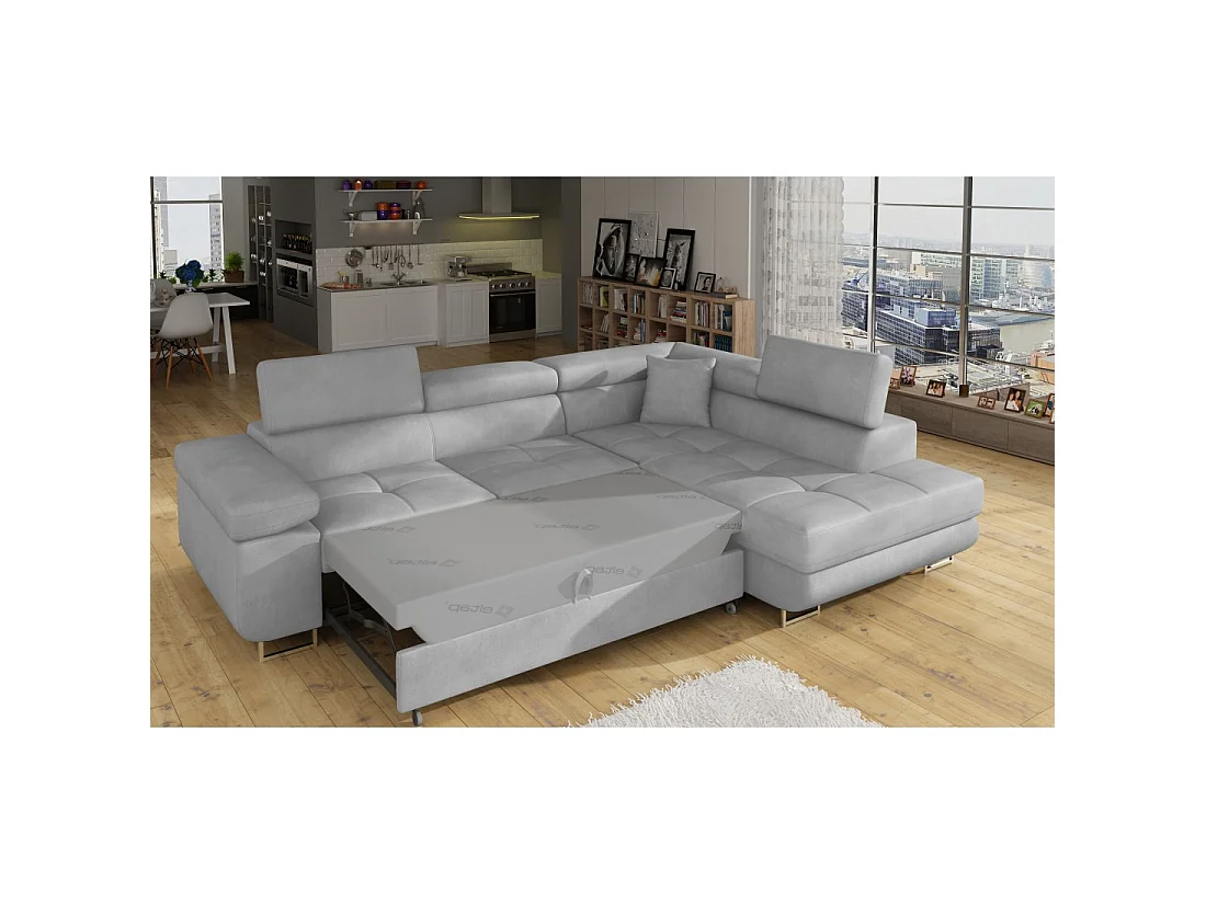 Canapé d'angle convertible MENTON gris velours – Angle droit avec coffre