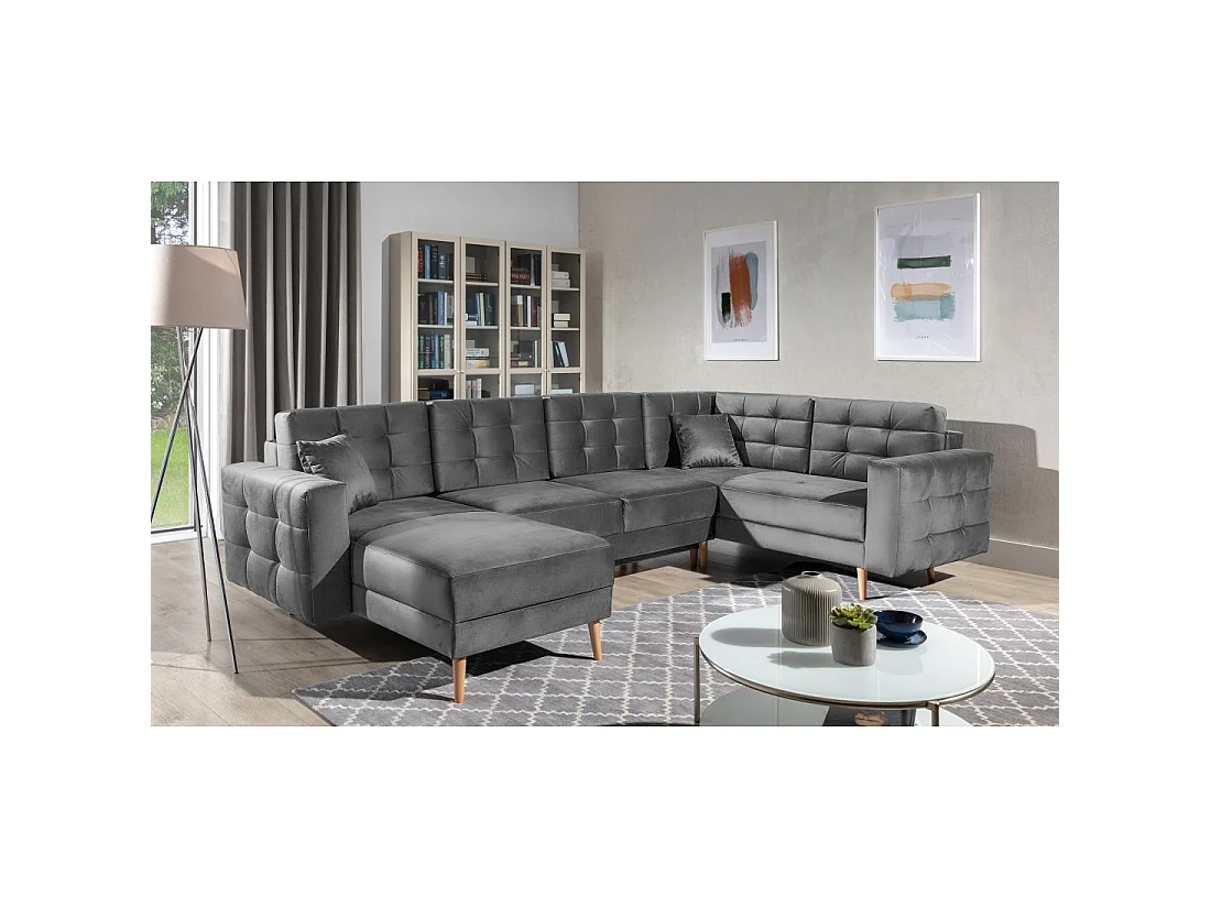 Canapé d'angle panoramique convertible U HASGARD 326 cm gris velours avec coffre
