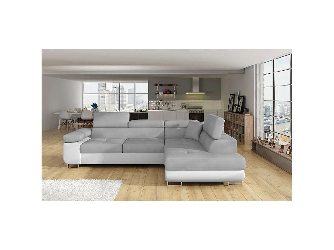 Canapé d'angle convertible MENTON gris et blanc velours – Angle droit avec coffre