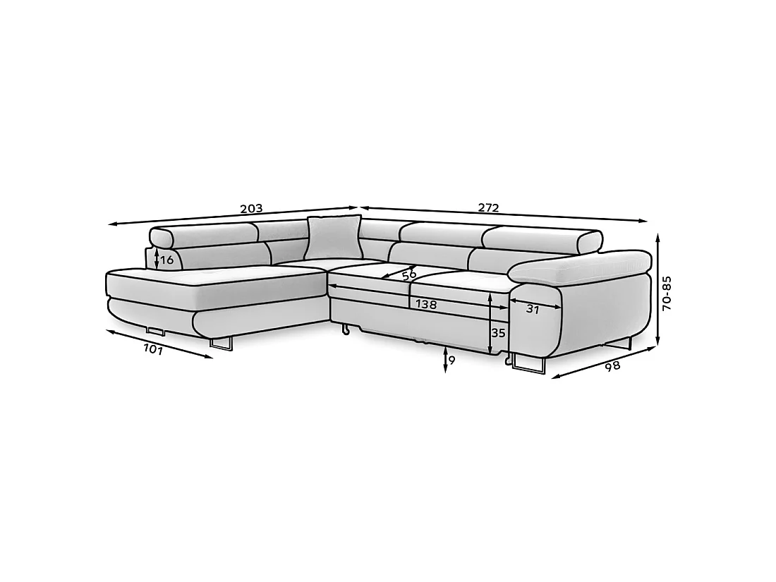 Canapé d'angle convertible MENTON gris et blanc velours – Angle droit avec coffre