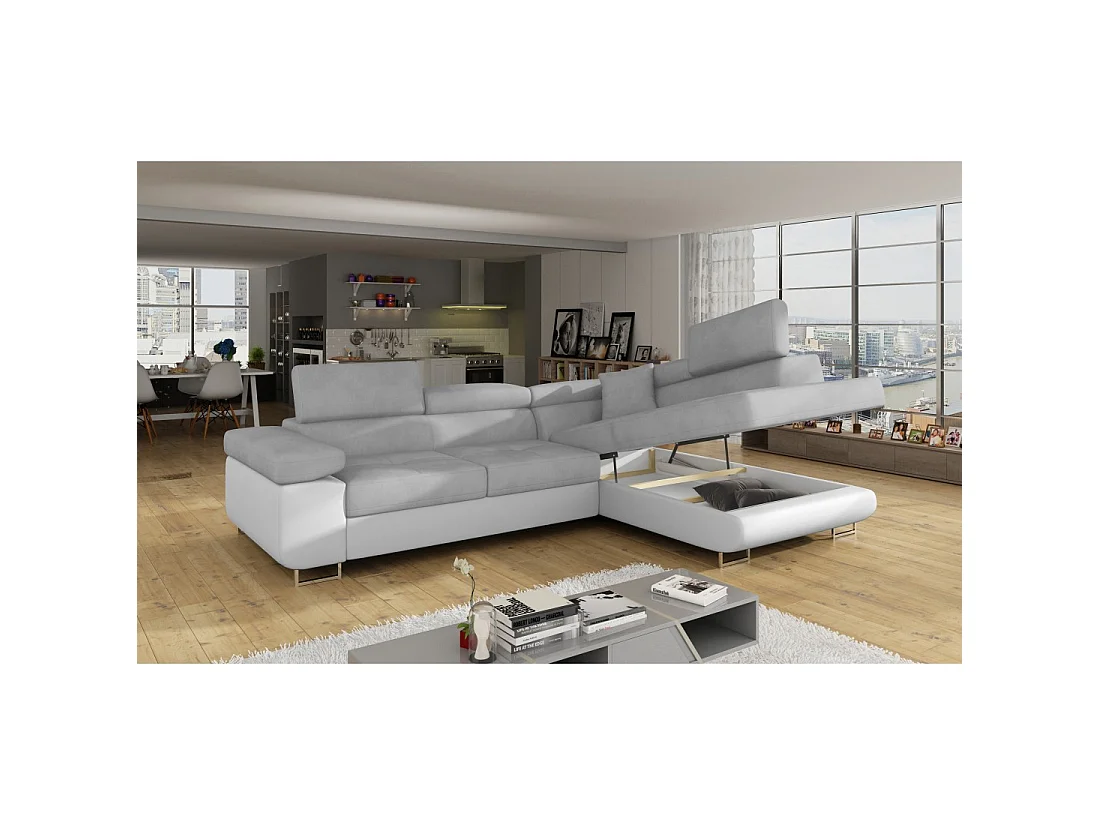 Canapé d'angle convertible MENTON gris et blanc velours – Angle droit avec coffre