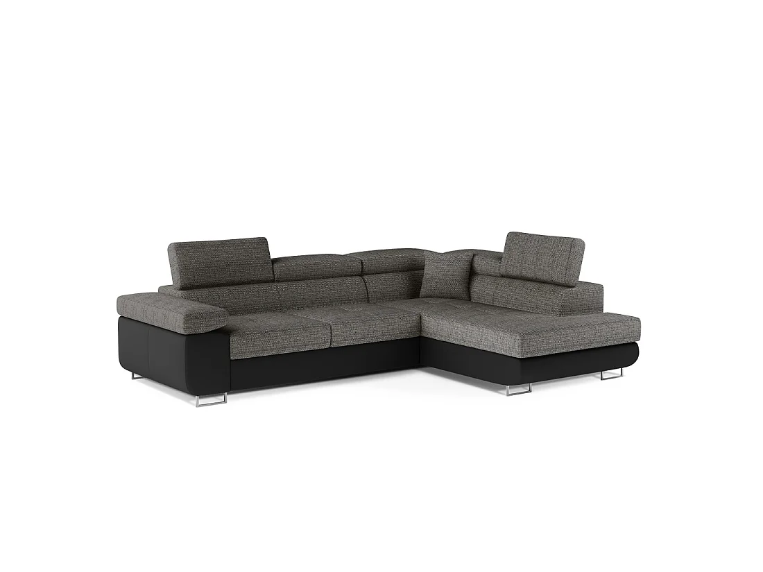 Canapé d'angle convertible MENTON gris bouclé – 4 places avec coffre et têtières