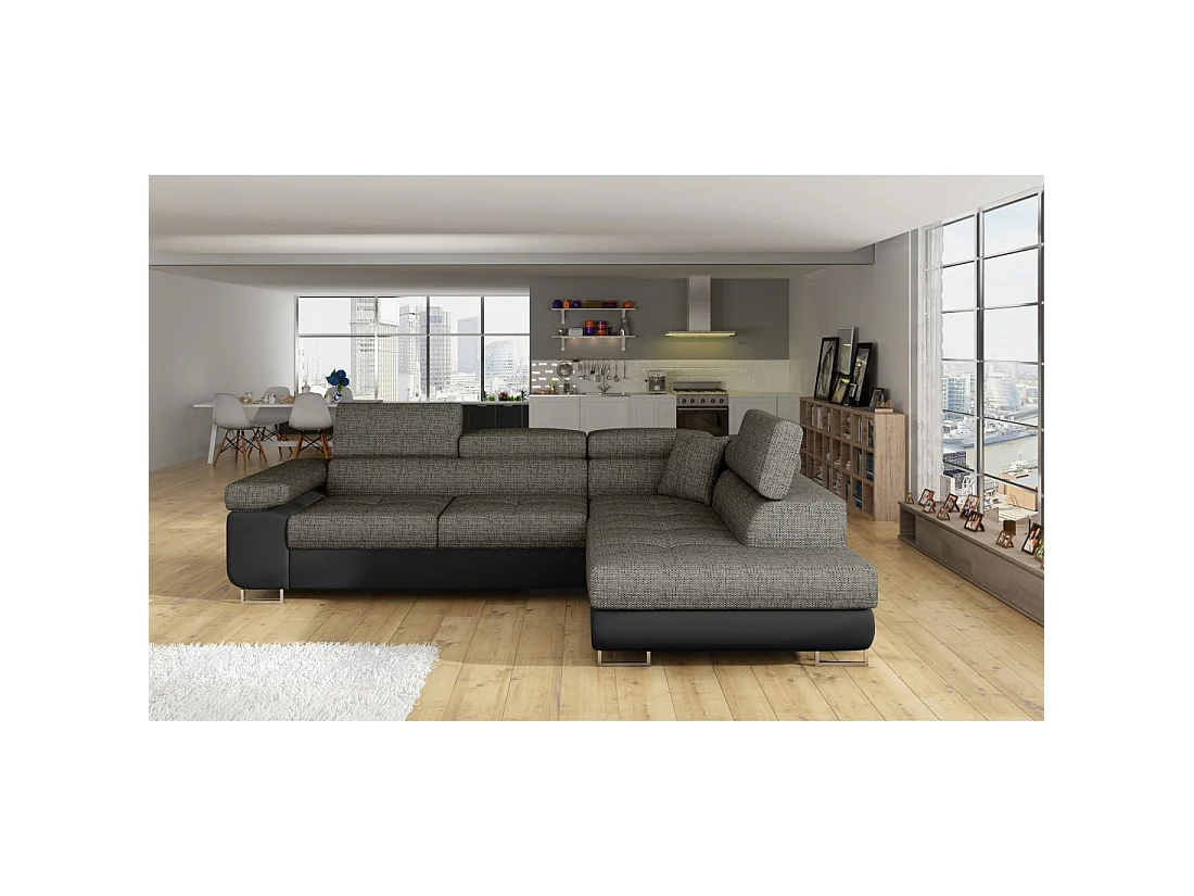 Canapé d'angle convertible MENTON gris bouclé – 4 places avec coffre et têtières