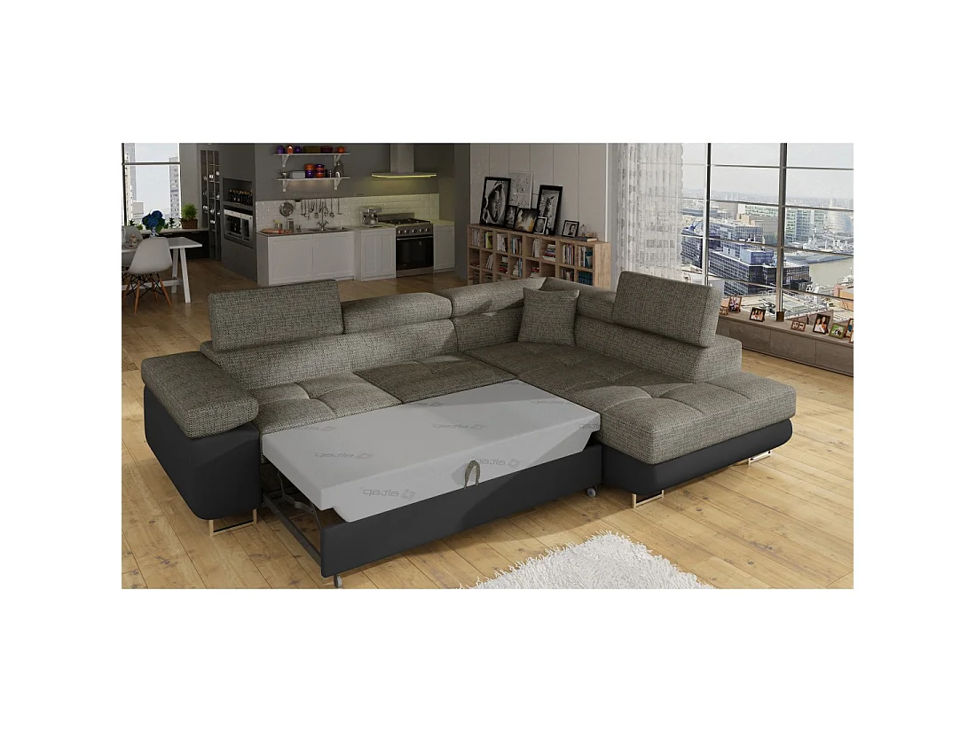Canapé d'angle convertible MENTON gris bouclé – 4 places avec coffre et têtières