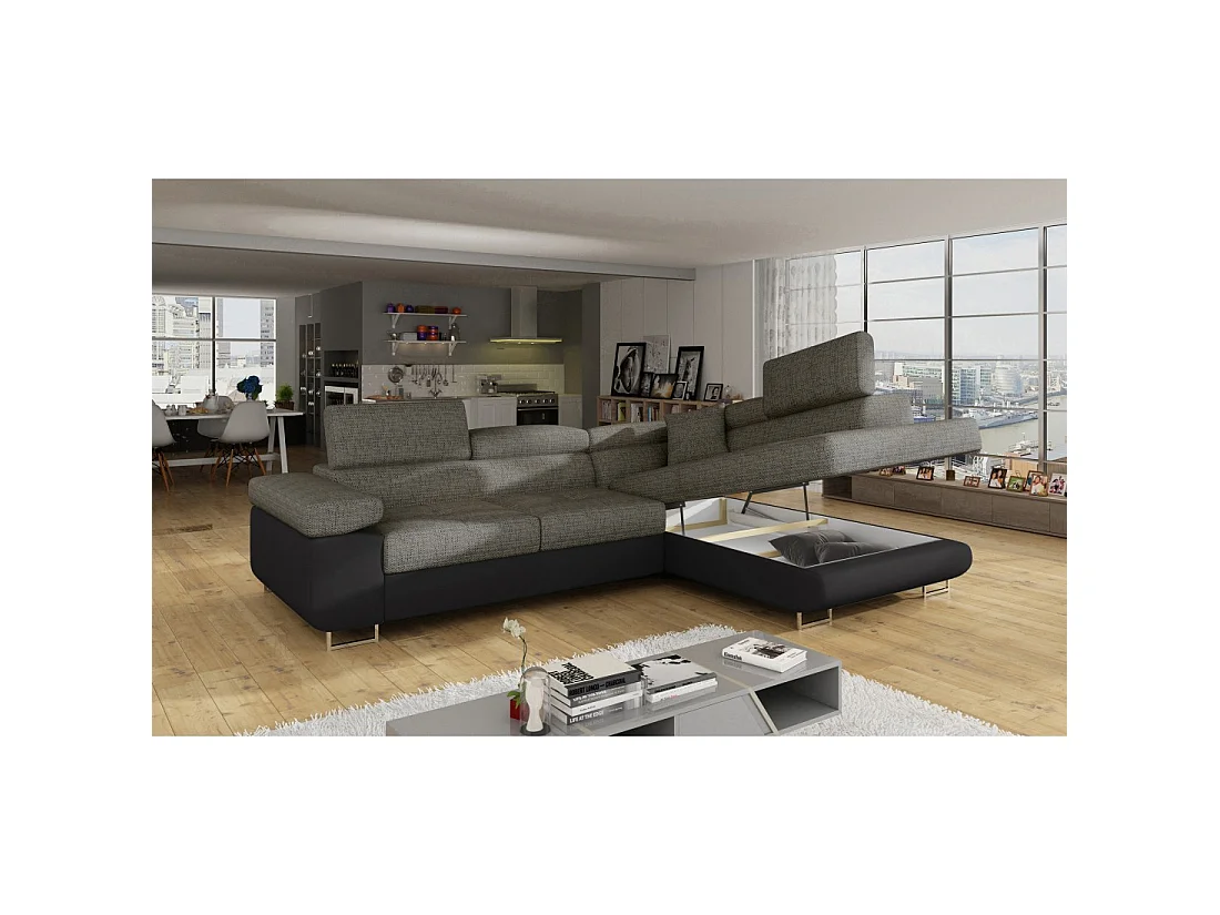 Canapé d'angle convertible MENTON gris bouclé – 4 places avec coffre et têtières