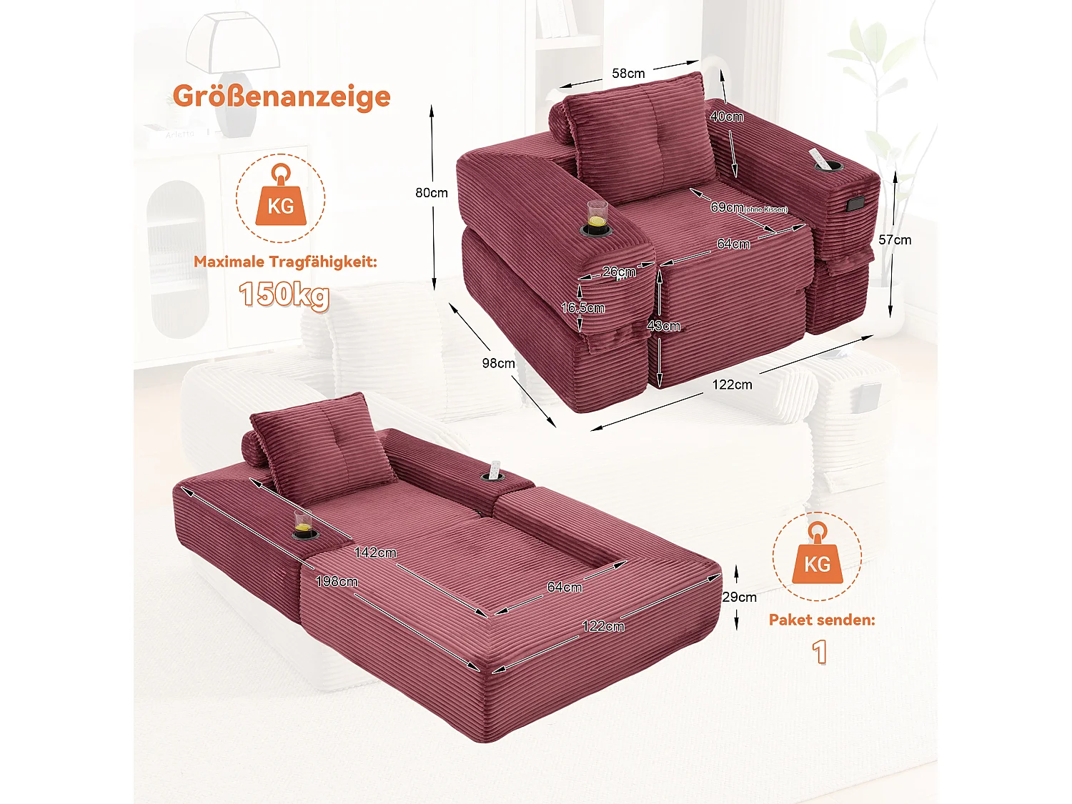 Canapé convertible en velours côtelé avec poche latérale et porte-gobelet - Rouge bordeaux