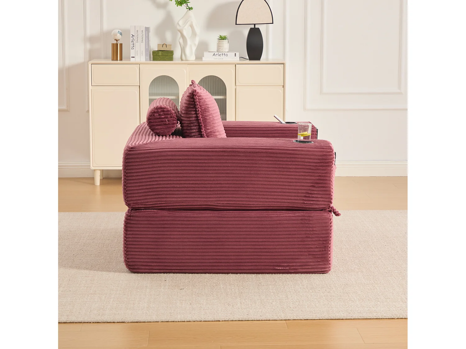 Canapé convertible en velours côtelé avec poche latérale et porte-gobelet - Rouge bordeaux
