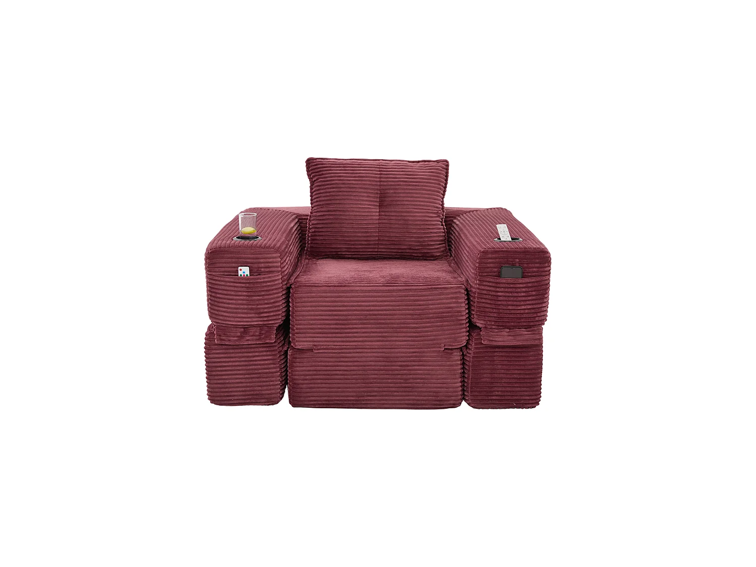Canapé convertible en velours côtelé avec poche latérale et porte-gobelet - Rouge bordeaux