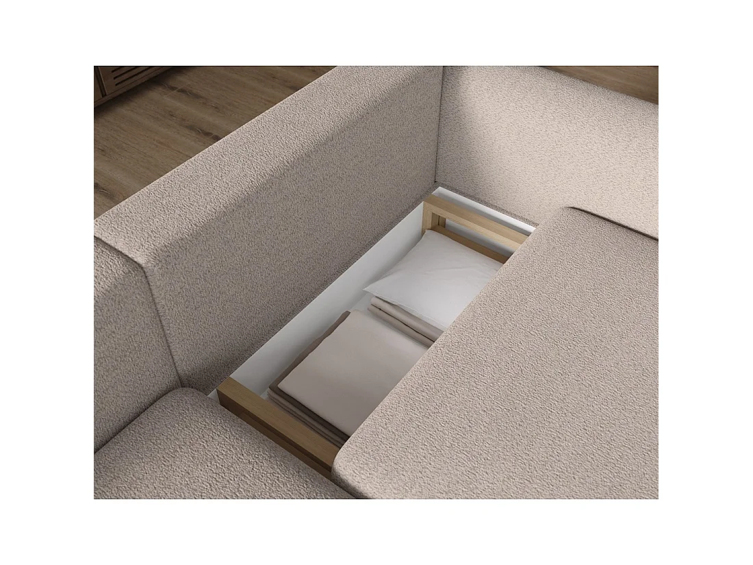 Canapé d'angle convertible ARVESSA beige chenille – Angle gauche avec coffre