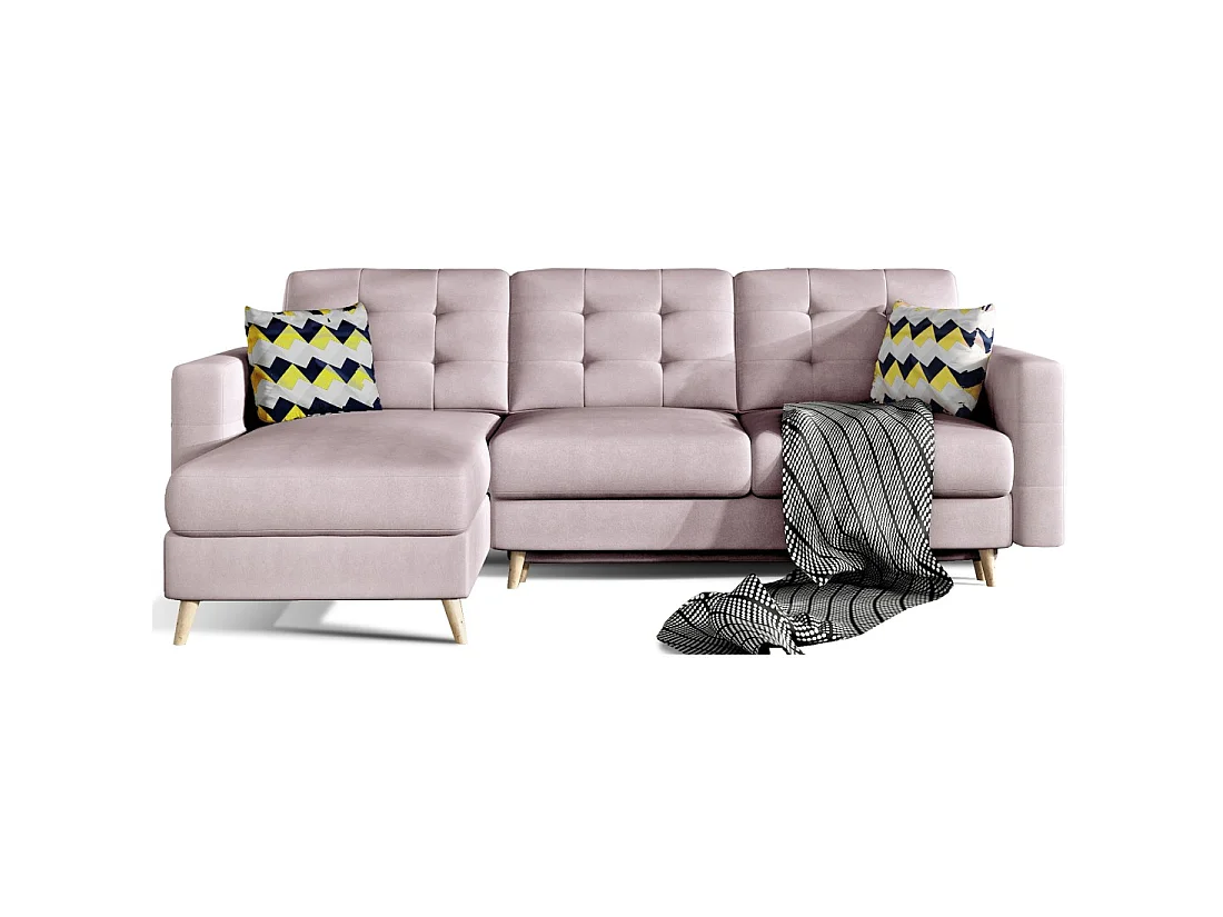Canapé d'angle convertible HASGARD 3 places rose 248x162 cm – coffre et pieds bois
